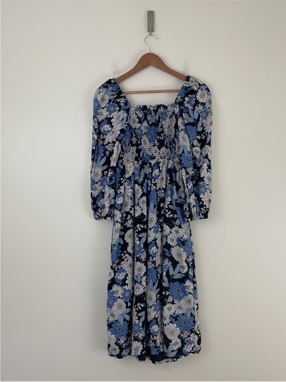 J Crew Floral Smocked Midi Dress in Blue and White size small